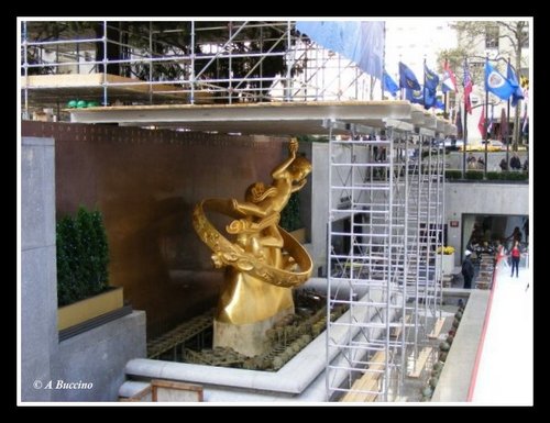 Golden boy statue holding up that big old tree for all to see