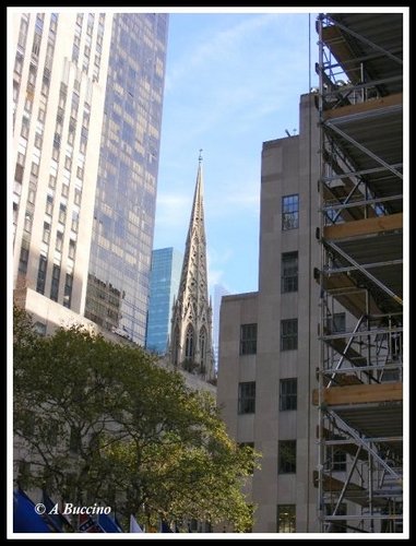 St Patrick's Cathedral spire viewd from the Rockefeller Center Christmas tree
