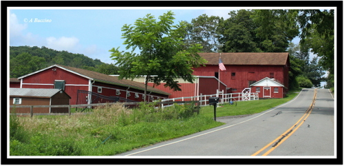 Red barn, US flag, NJ Roadtrip, Barns, Sussex County, July 2023, © A Buccino
