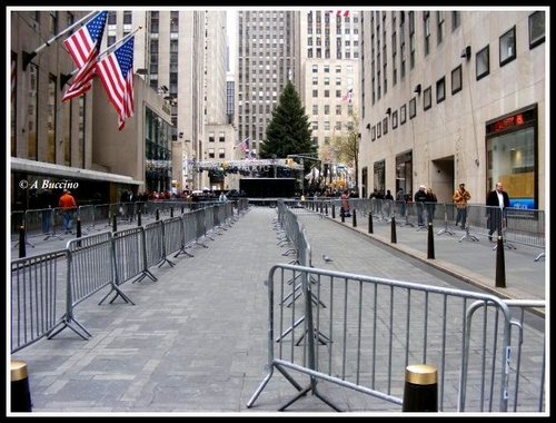 Rockefeller Center Christmas tree, ready for the crowds, street photography