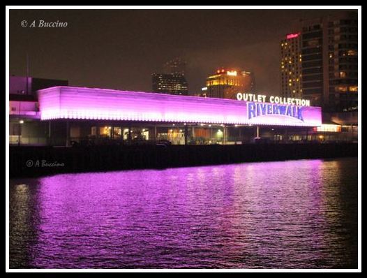 Riverwalk, shopping mall,Mississippi River, NOLA Skyline, New Orleans, Night Photography, © Anthony Buccino