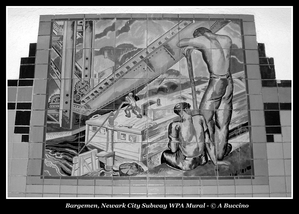 WPA Mural, Newark City Subway, Bargemen, B/W photo by  by Anthony Buccino