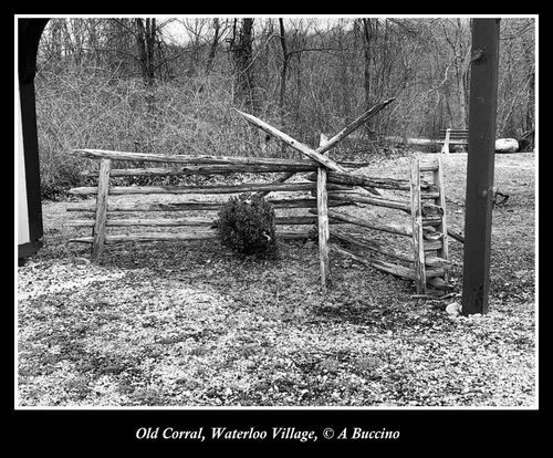 Waterloo Village, NJ, landscape, wooden fence, b/w,  A Buccino